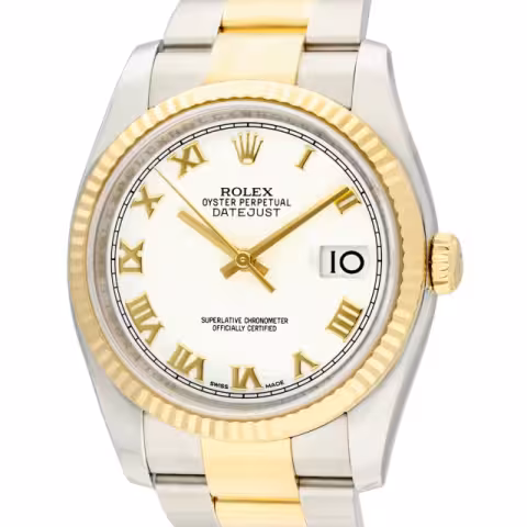 ROLEX DATEJUST REF. 116233 IN STAINLESS STEEL WITH YELLOW GOLD 18KT WHITE DIAL WITH GOLDEN ROMAN NUMBERS DIAMETER 36MM FULL SET, WITH BOX AND WARRANTY - 2014